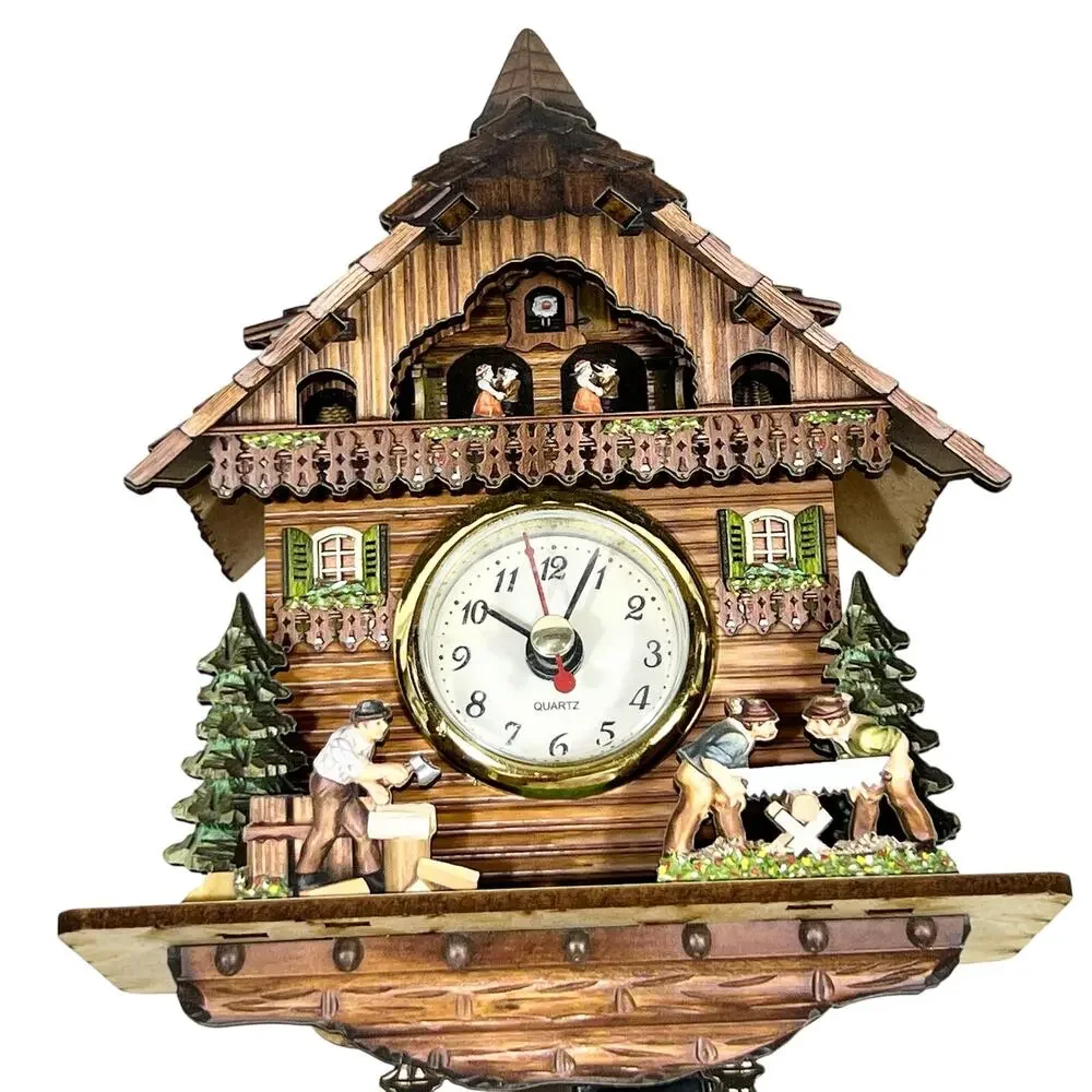 Miniature Wooden Quartz Cuckoo Clock Germany Woodcutters Log Sawing Chalet